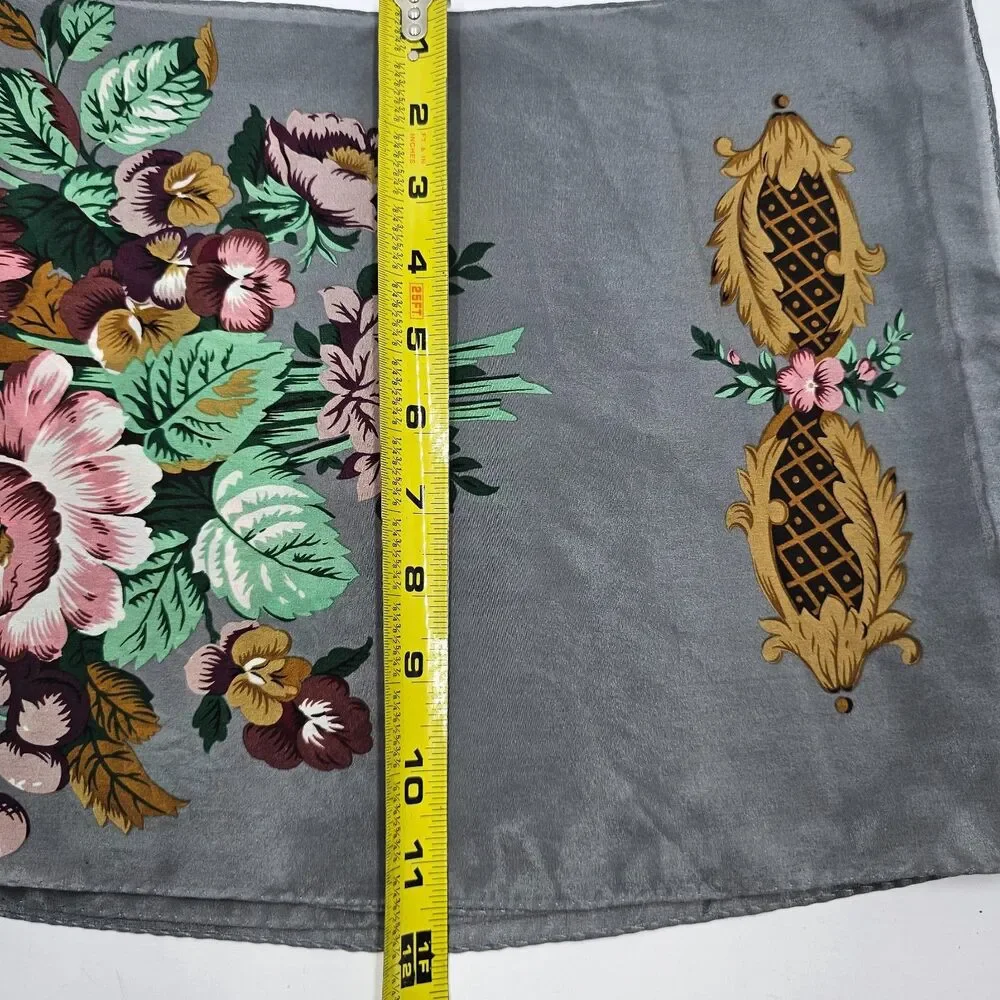 VTG Baar & Beards 100% Silk Scarf Gray Rose Floral Gold Scroll Japan Oblong